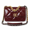 Chanel 19 Large Flap Bag Burgundy Crinkled Patent Leather Mixed Metal Chain CC Turn-Lock 26cm