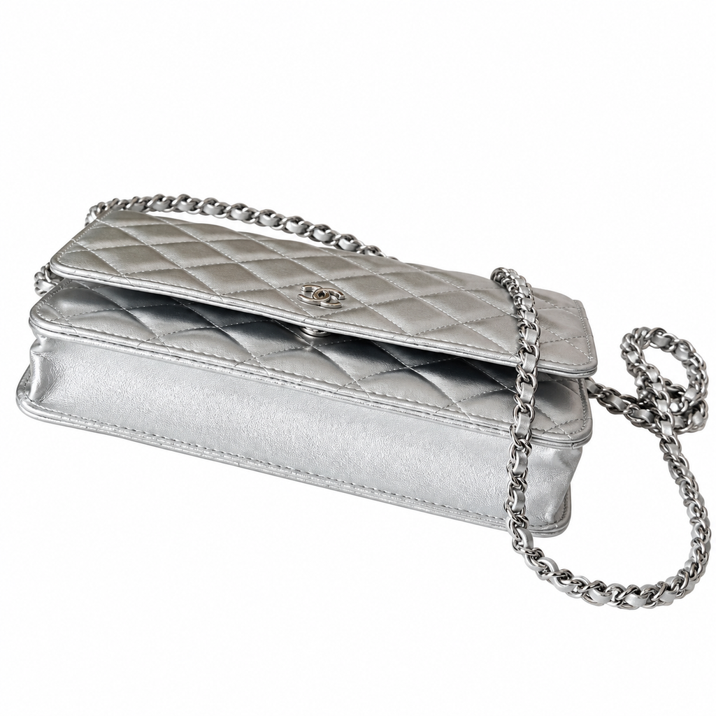 Chanel Wallet on Chain (WOC) | Silver Metallic Quilted Leather Silver Hardware | 19cm