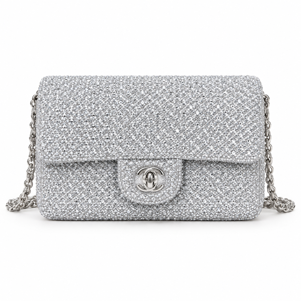 CHANEL Classic Flap Bag – Full Crystal Strass Embellished Silver Hardware Mini Crossbody 12.5×20.5×6cm