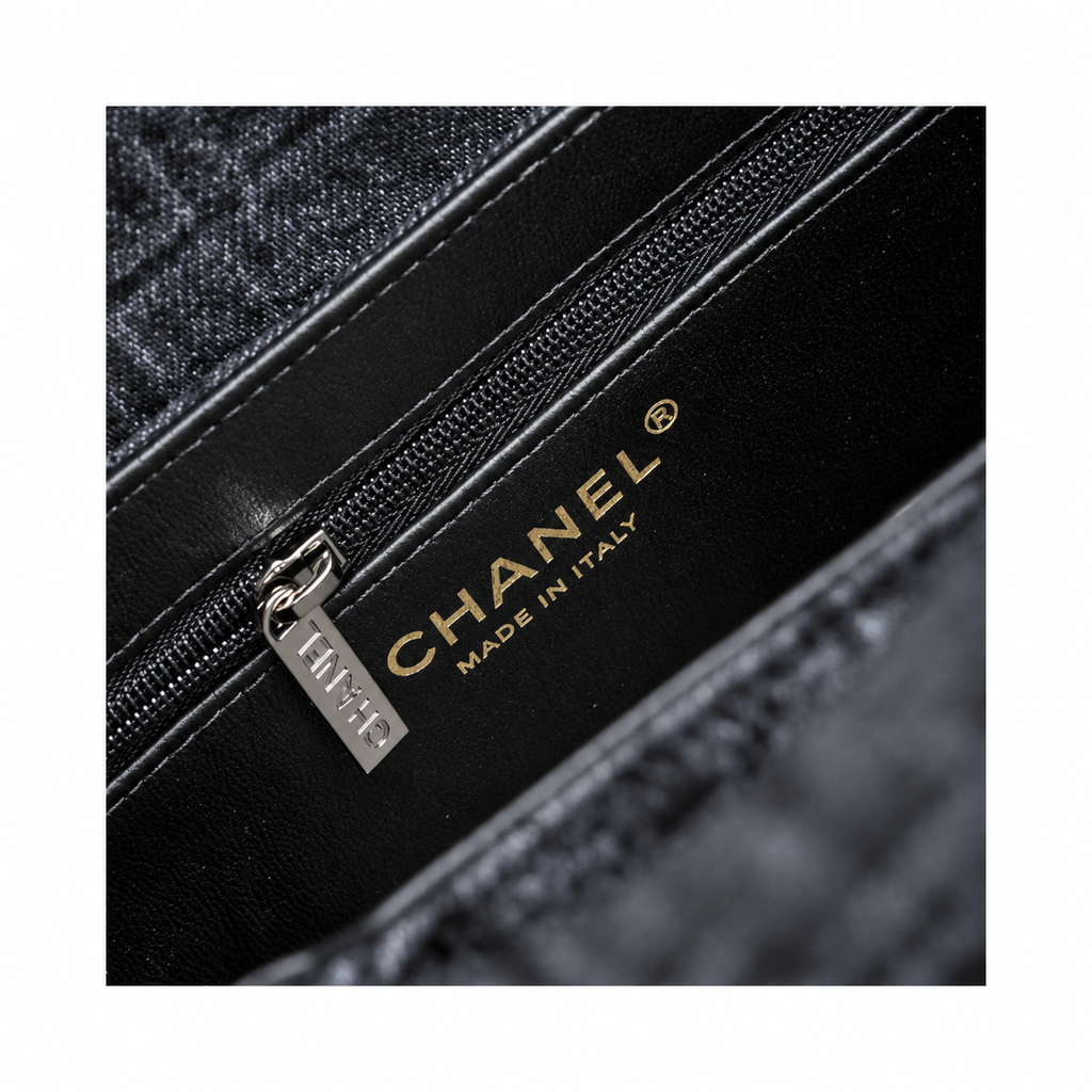 Chanel Mini Coco Handle Quilted Check Fabric Charcoal Gunmetal 19cm