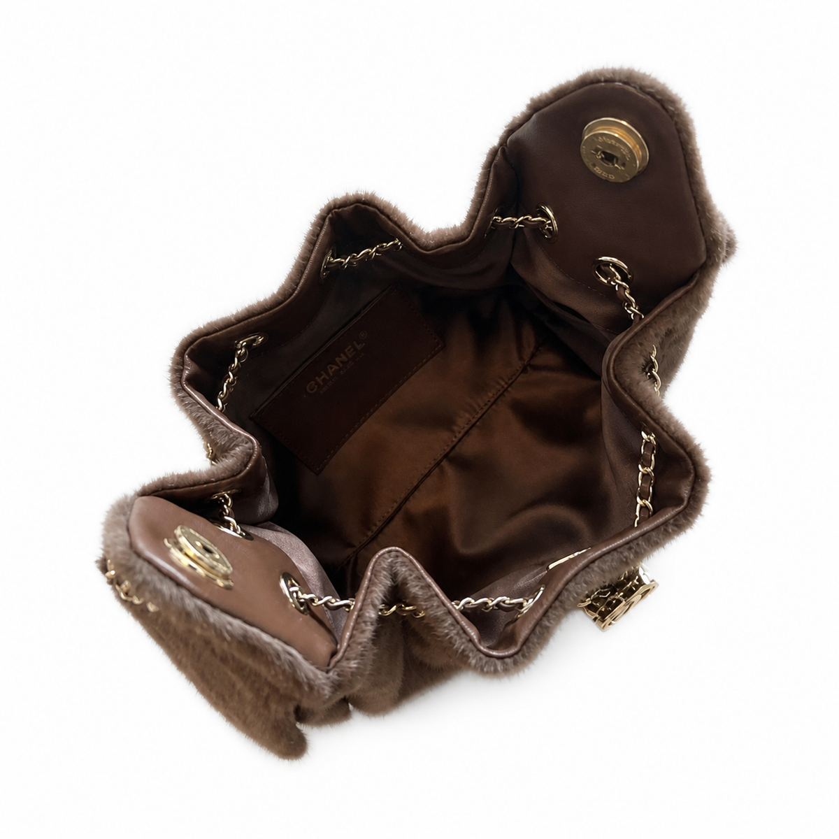 Chanel Brown Faux Fur Drawstring Bucket Bag Gold CC Logo Chain