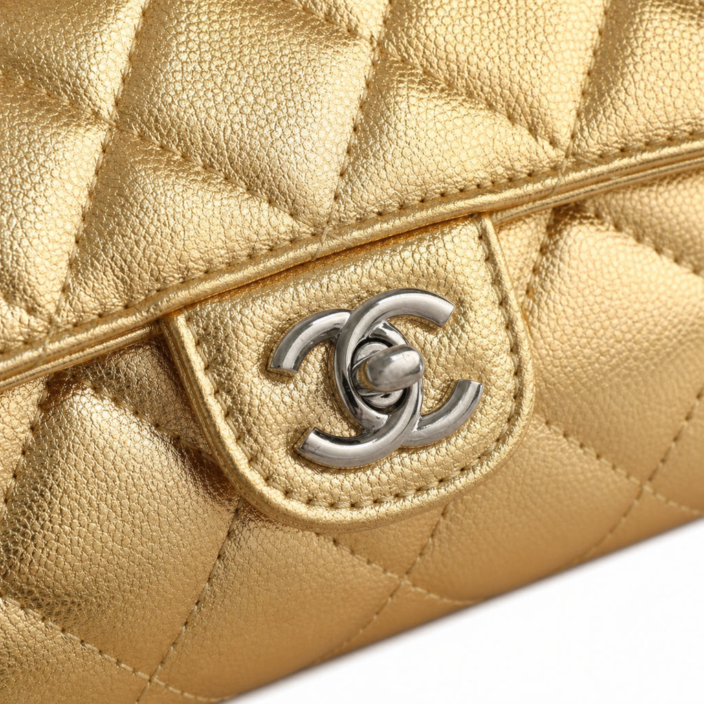 Chanel Gold Quilted Metallic Leather Elongated Flap Bag | CC Lock | 9.5×25×5cm