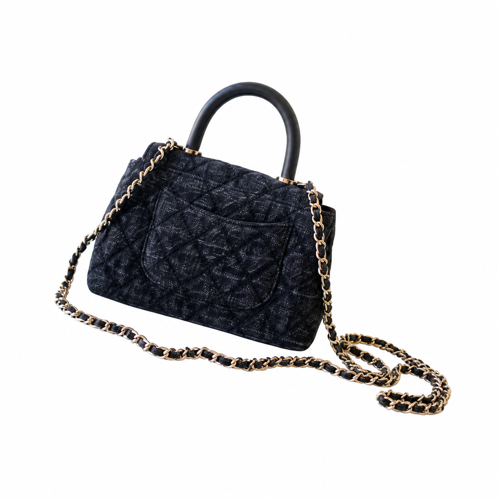 Chanel Black Denim Quilted Coco Handle Mini Flap Bag | Gold CC | 11.5×14.5×5.5cm