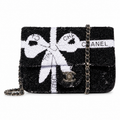 Chanel Black Sequin White Bow Embroidered Flap Bag Silver Chain