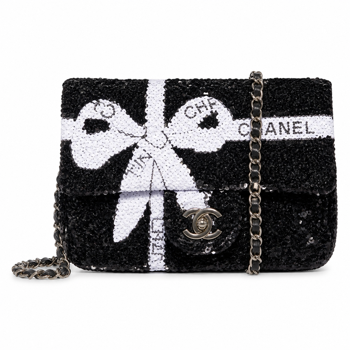 Chanel Black Sequin White Bow Embroidered Flap Bag Silver Chain