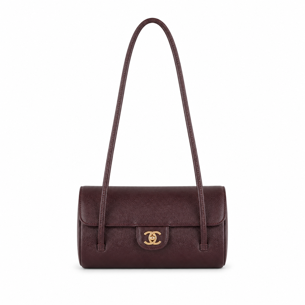 Chanel Vintage Cylinder Barrel Shoulder Bag Dark Brown Leather Gold CC Turn-Lock Slim Strap 22cm