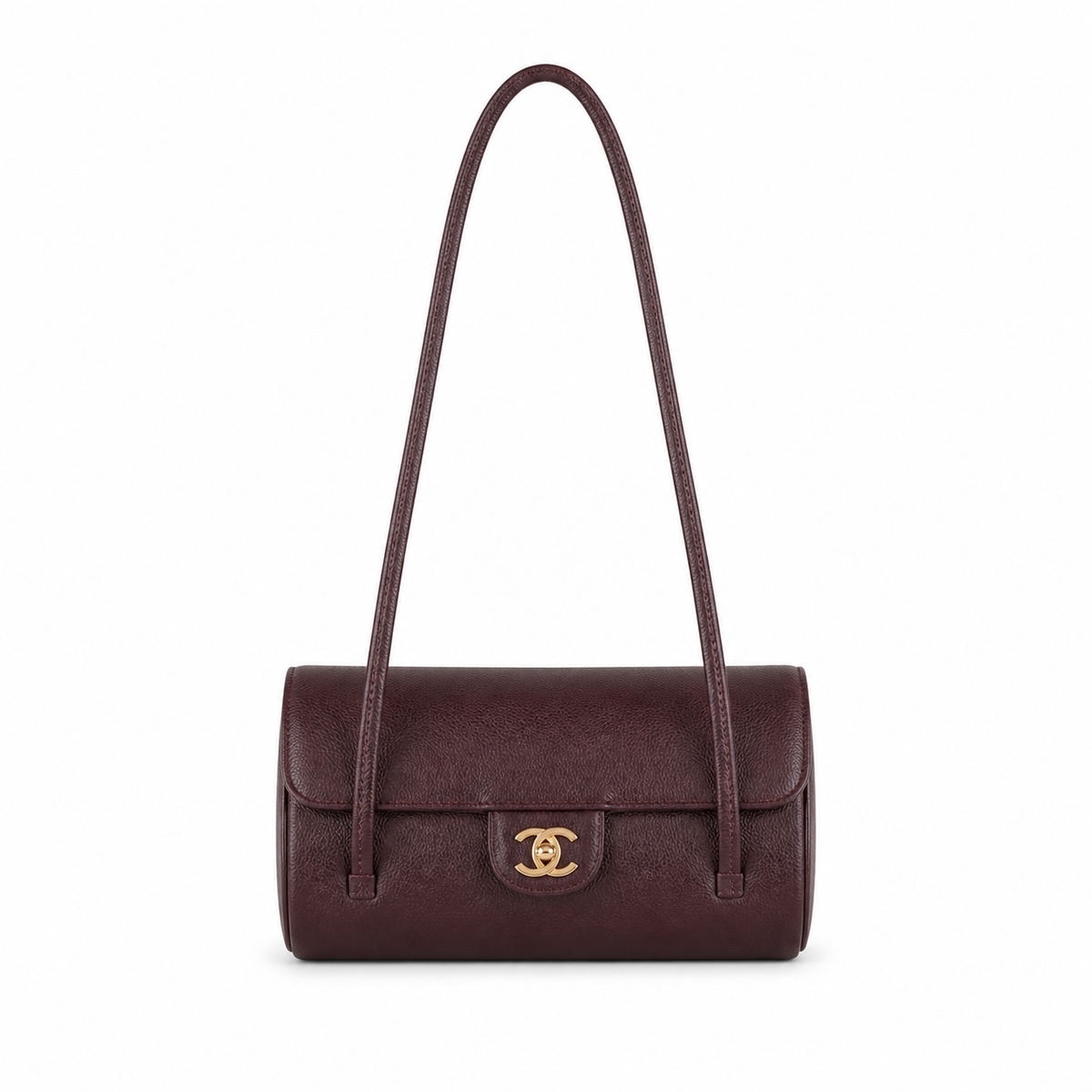 Chanel Vintage Cylinder Barrel Shoulder Bag Dark Brown Leather Gold CC Turn-Lock Slim Strap 22cm