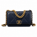 Chanel 19 Large Flap Bag Navy Blue Crinkled Calfskin Mixed Metal Chain CC Turn-Lock 26cm