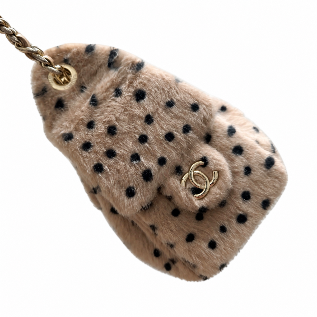 Chanel Beige Polka Dot Faux Fur Mini Backpack Gold CC Pearl Chain