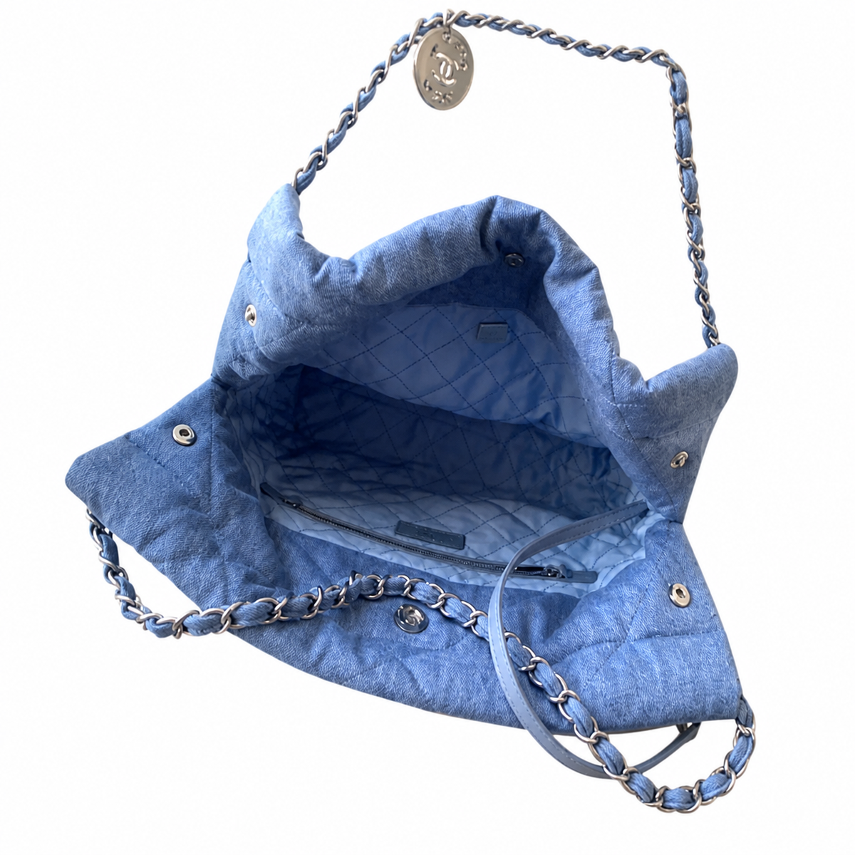 Chanel Quilted Denim Hobo Bag Blue Silver CHANEL Logo Large 35cm
