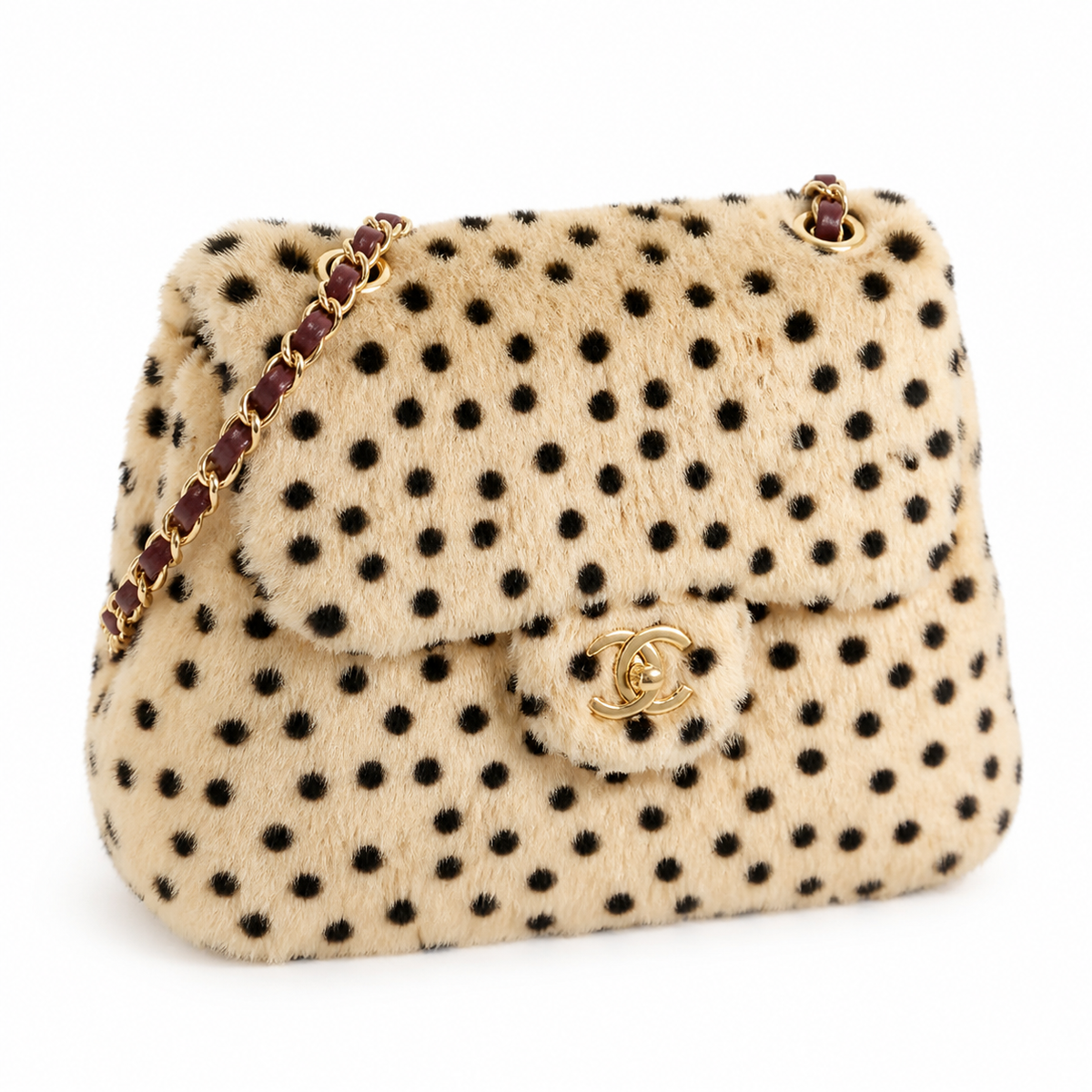 Chanel Spotted Faux Fur Fluffy Flap Bag Beige Black Gold Chain