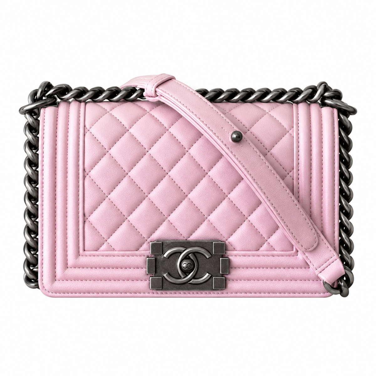Chanel Boy Bag Small Light Pink Smooth Leather Ruthenium Silver Hardware Chunky Chain Crossbody 20cm