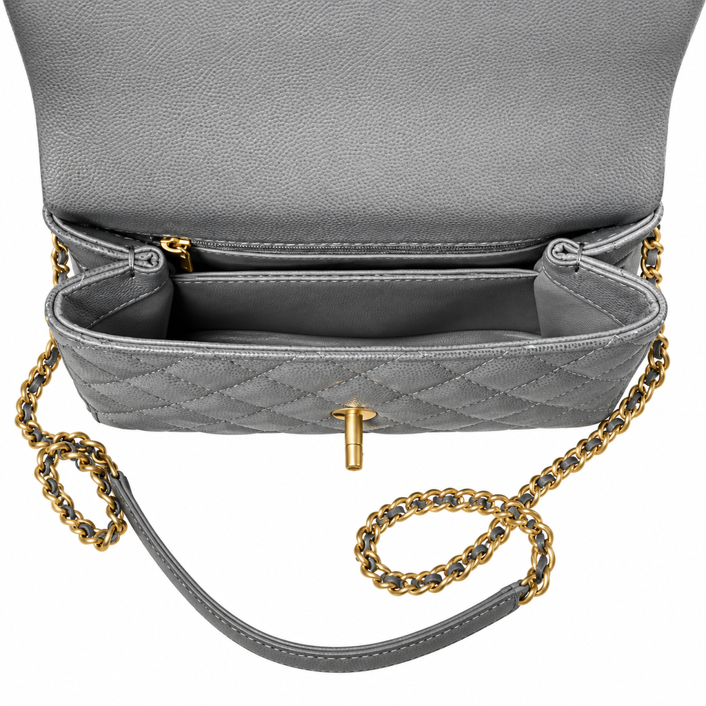 Chanel Gray Caviar Quilted Coco Handle Bag Aged Gold Hardware Back Pocket Chain Strap Made in Italy 23cm