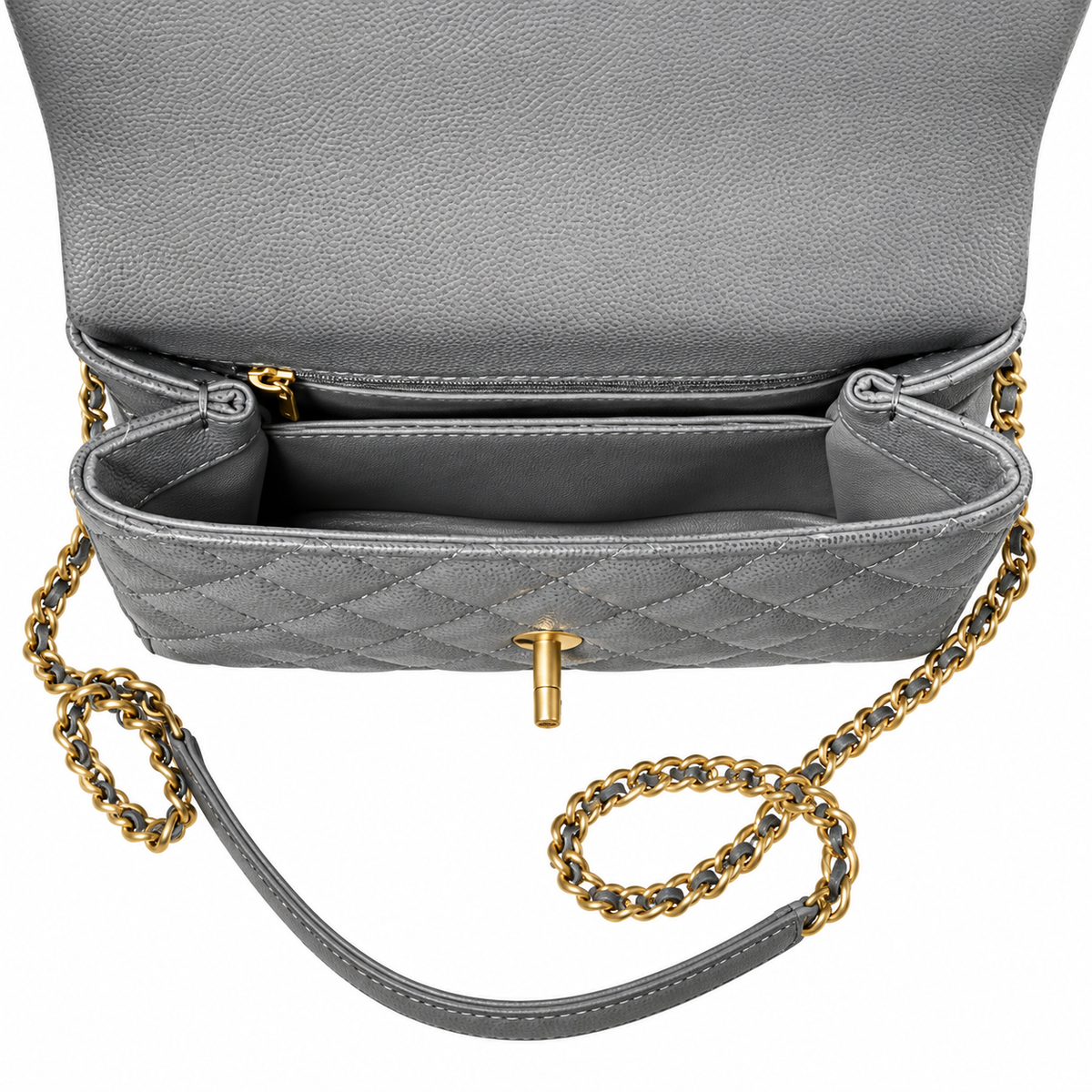 Chanel Gray Caviar Quilted Coco Handle Bag Aged Gold Hardware Back Pocket Chain Strap Made in Italy 23cm