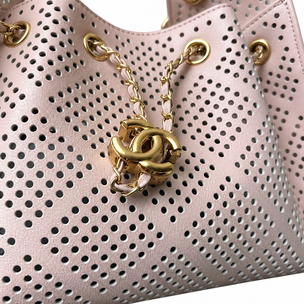 Chanel Pink Perforated Leather Drawstring Bucket Bag Gold Chain