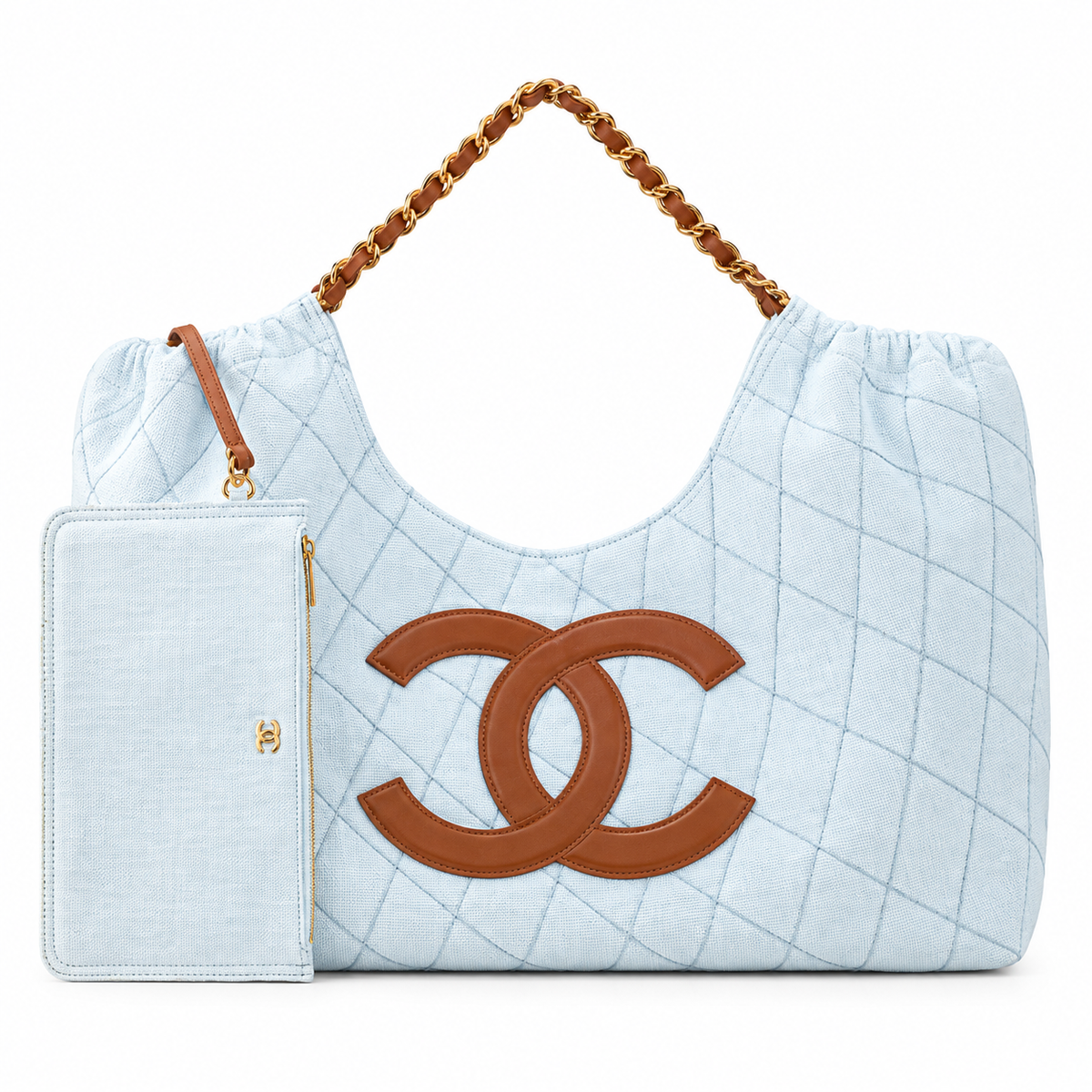 Chanel Large Gathered Hobo Tote Quilted Lambskin Ice Blue Tan CC 43cm