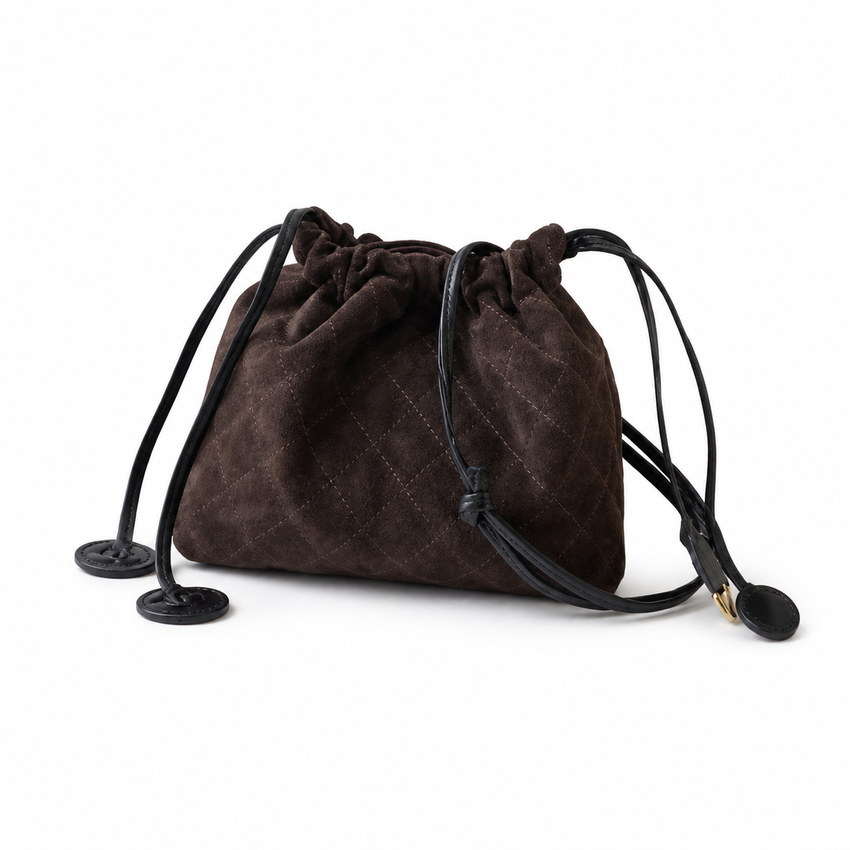 CHANEL Dark Brown Quilted Suede Drawstring Bucket Bag Gold CC