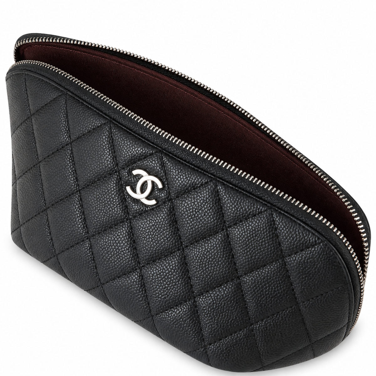 Chanel Black Caviar Quilted Zip-Around Vanity Case Silver CC Logo Double Zipper Silver Hardware 21cm