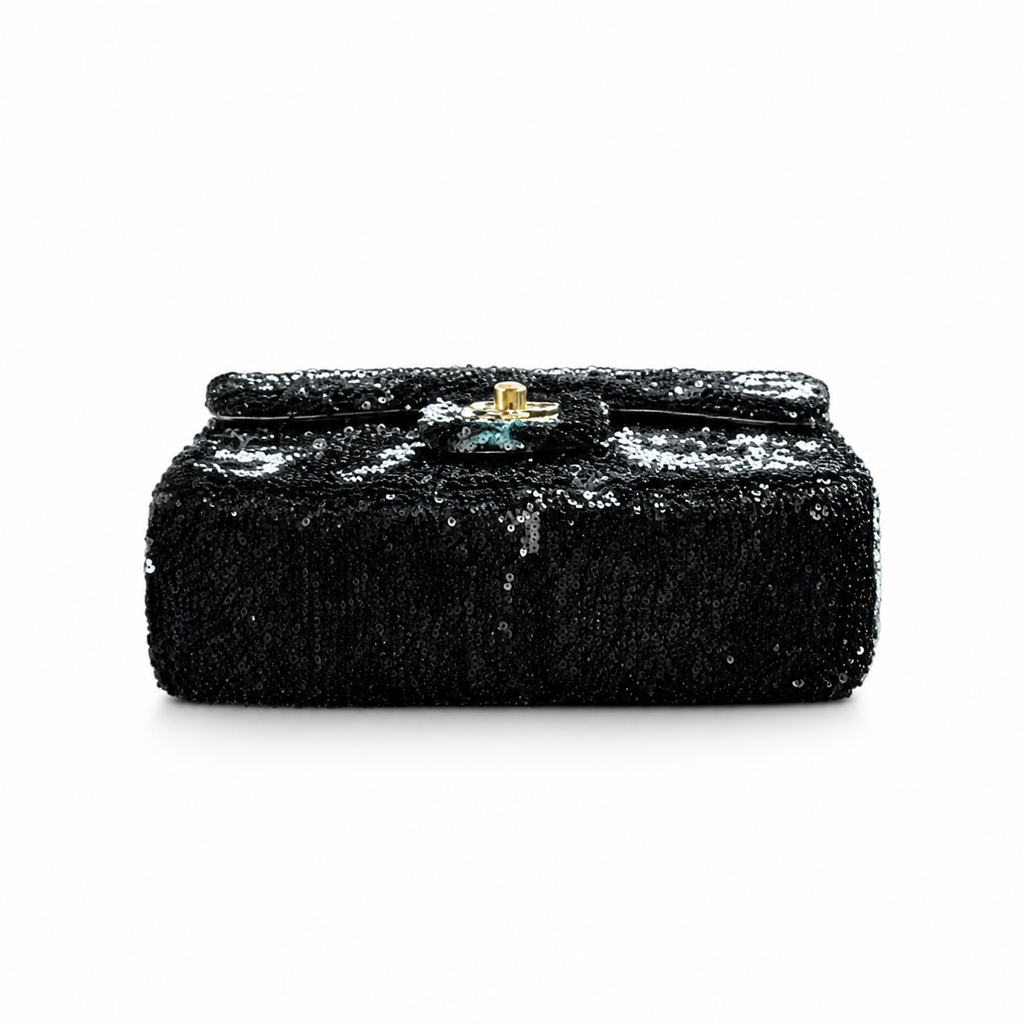 Chanel Sequin Flap Bag | Black & Silver Floral Sequin Gold Chain Strap | 21cm