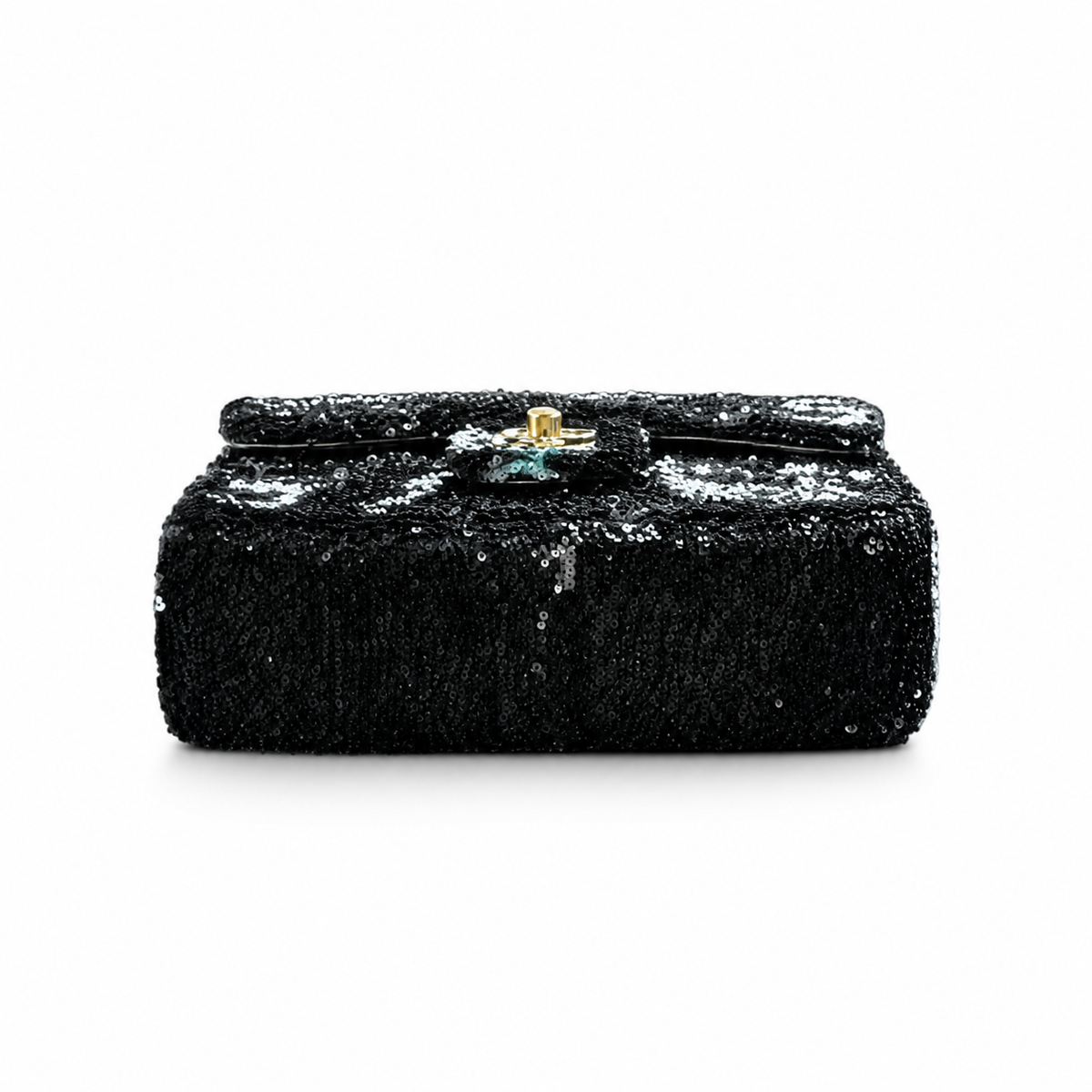 Chanel Sequin Flap Bag | Black & Silver Floral Sequin Gold Chain Strap | 21cm
