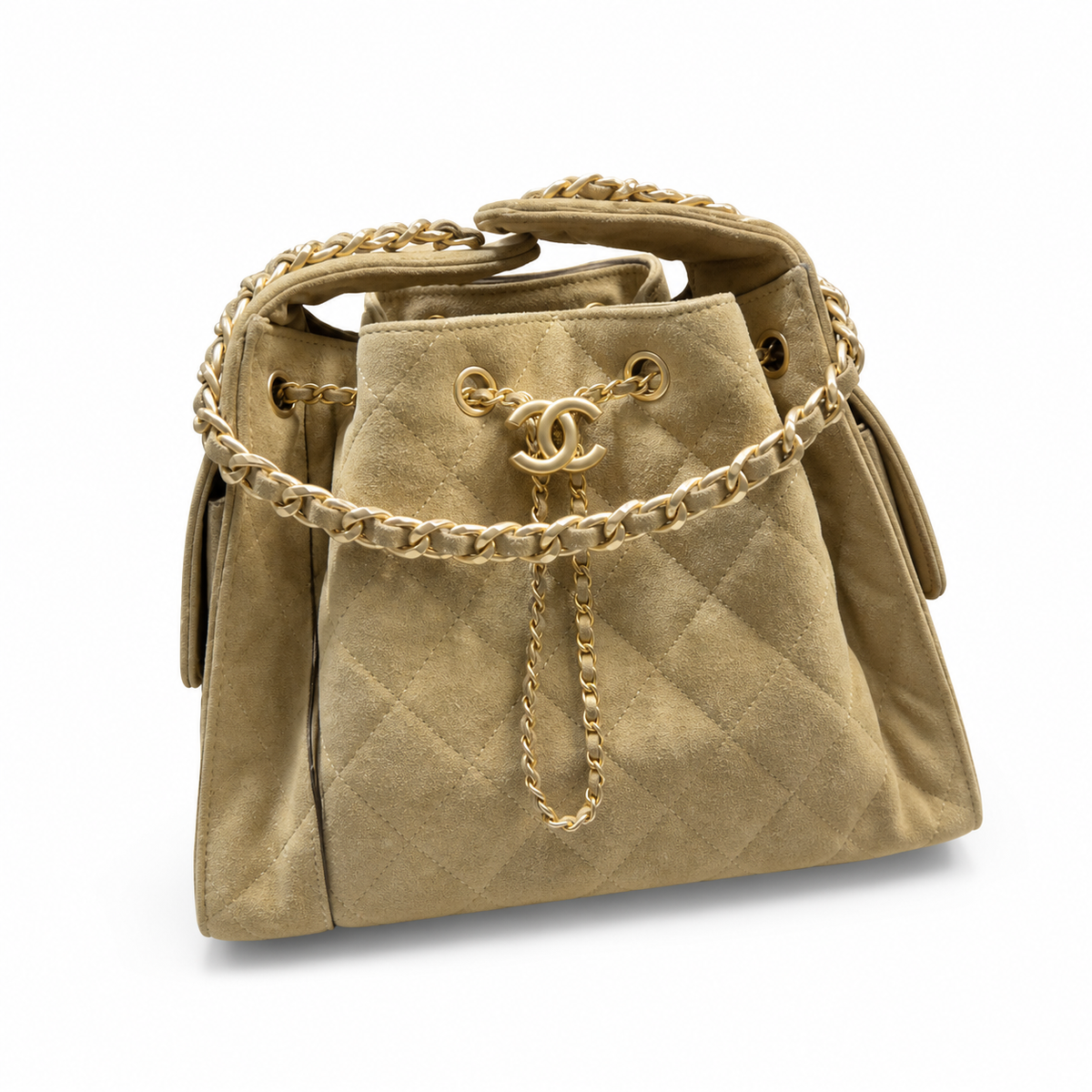 Chanel Quilted Suede Drawstring Bucket Bag Beige Gold Chain Tassel