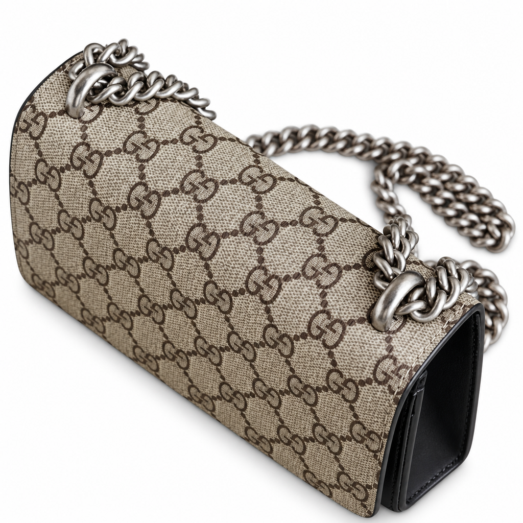 Gucci Dionysus Small Bag in GG Supreme Canvas with Black Suede Flap
