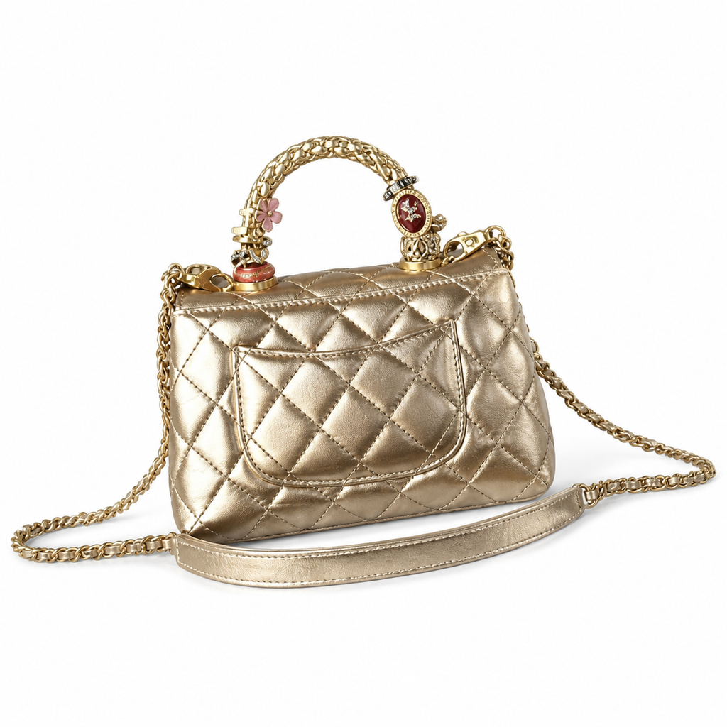 CHANEL Champagne Gold Quilted Leather Jewel Top Handle Flap Bag