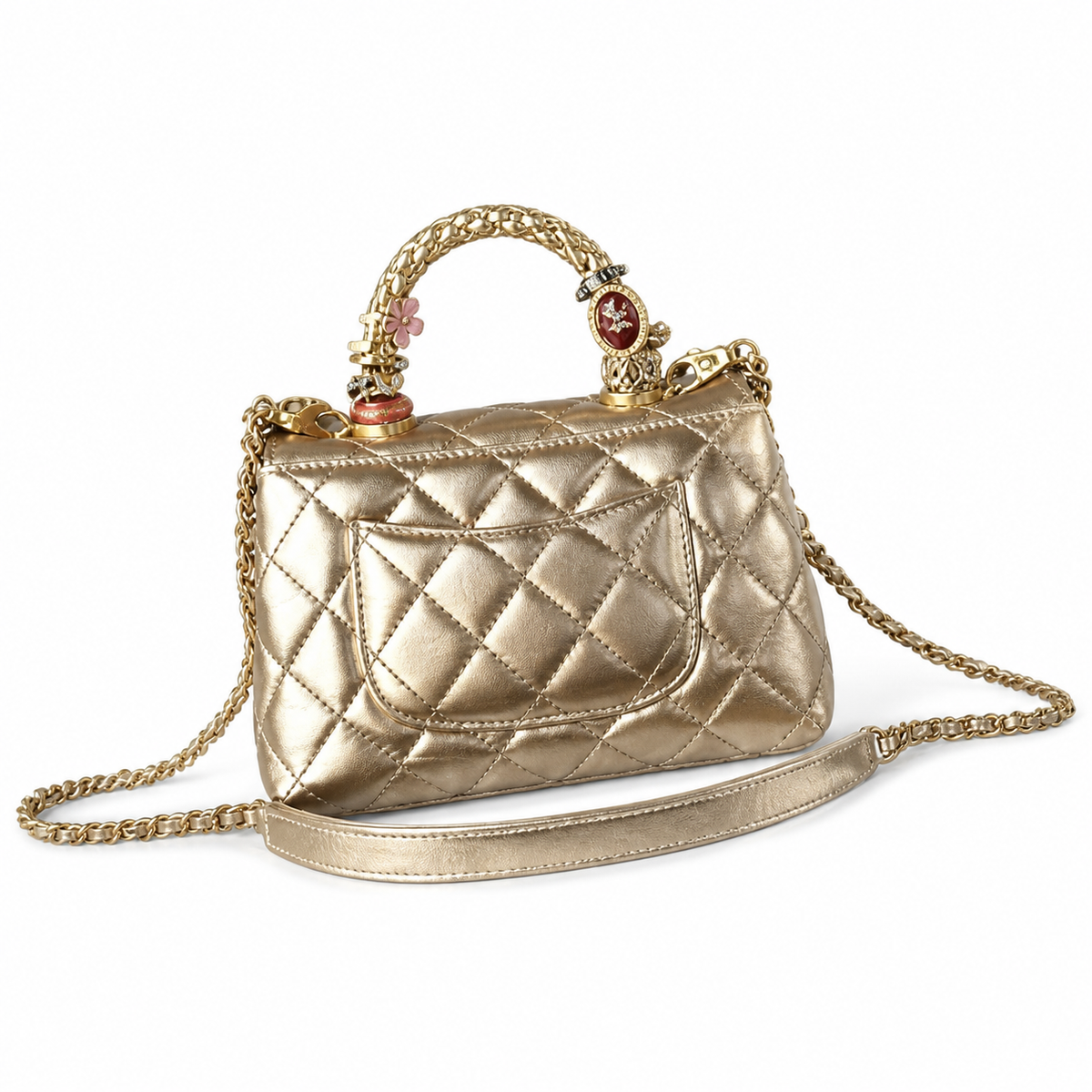 CHANEL Champagne Gold Quilted Leather Jewel Top Handle Flap Bag