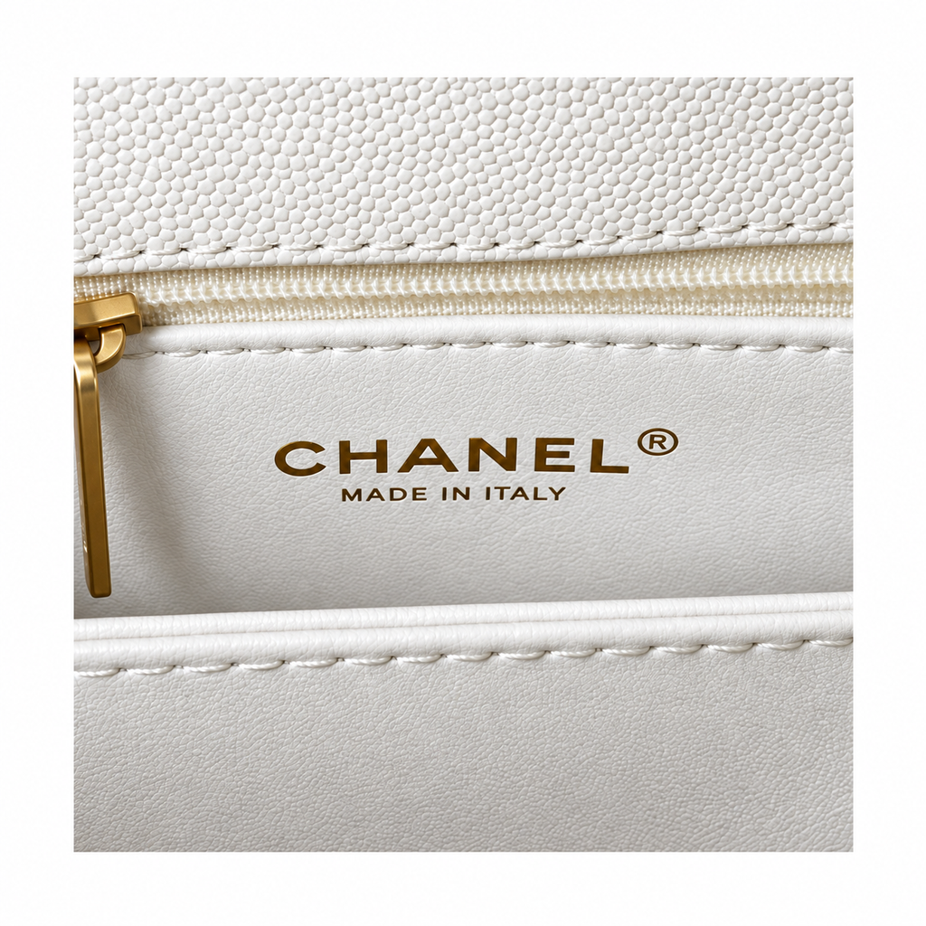 Chanel White Caviar Quilted Top Handle Crossbody Bag Antique Gold Hardware Chain Strap Base Studs 23cm