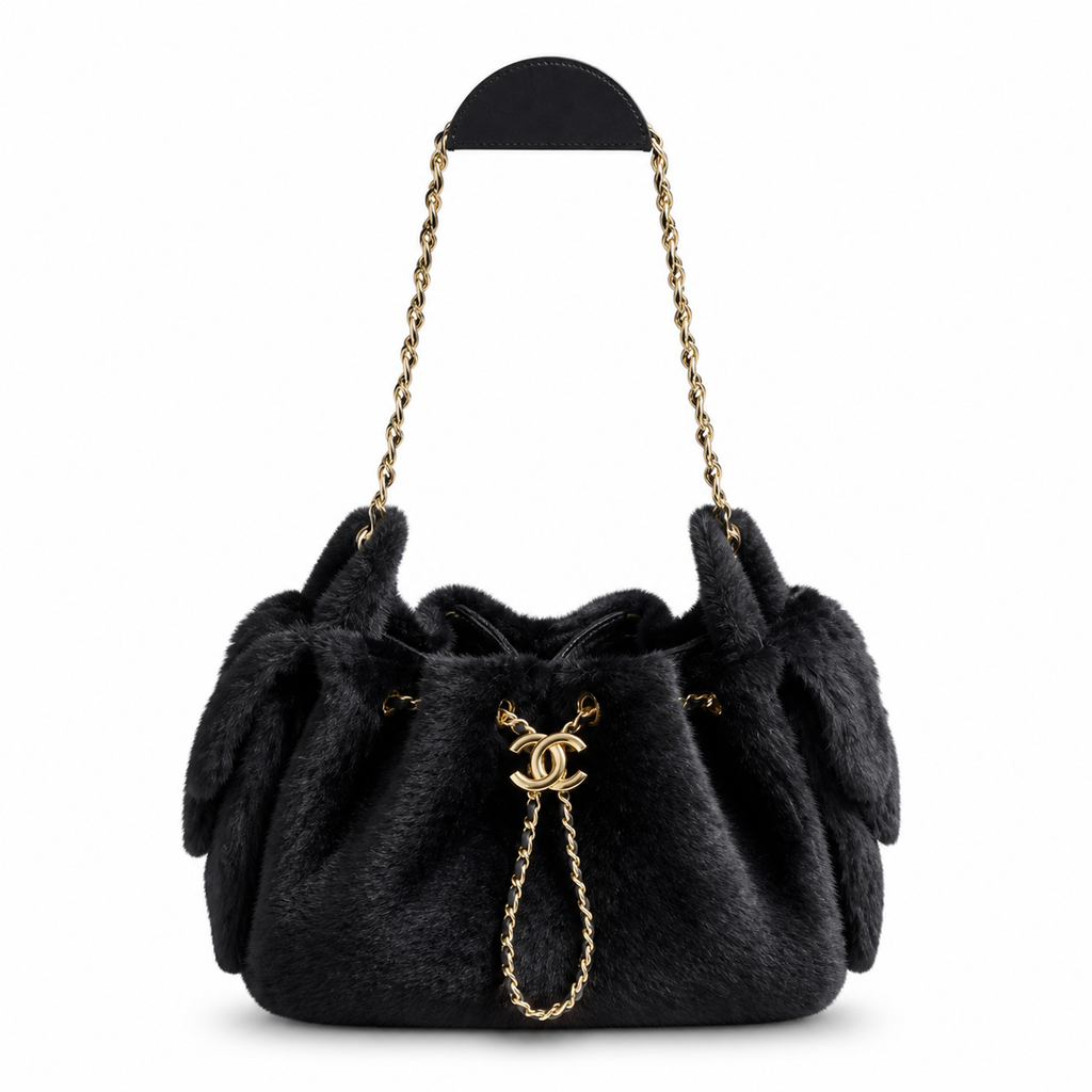 Chanel Black Faux Mink Fur Classic Flap Bag Gold CC Turn-Lock Chain