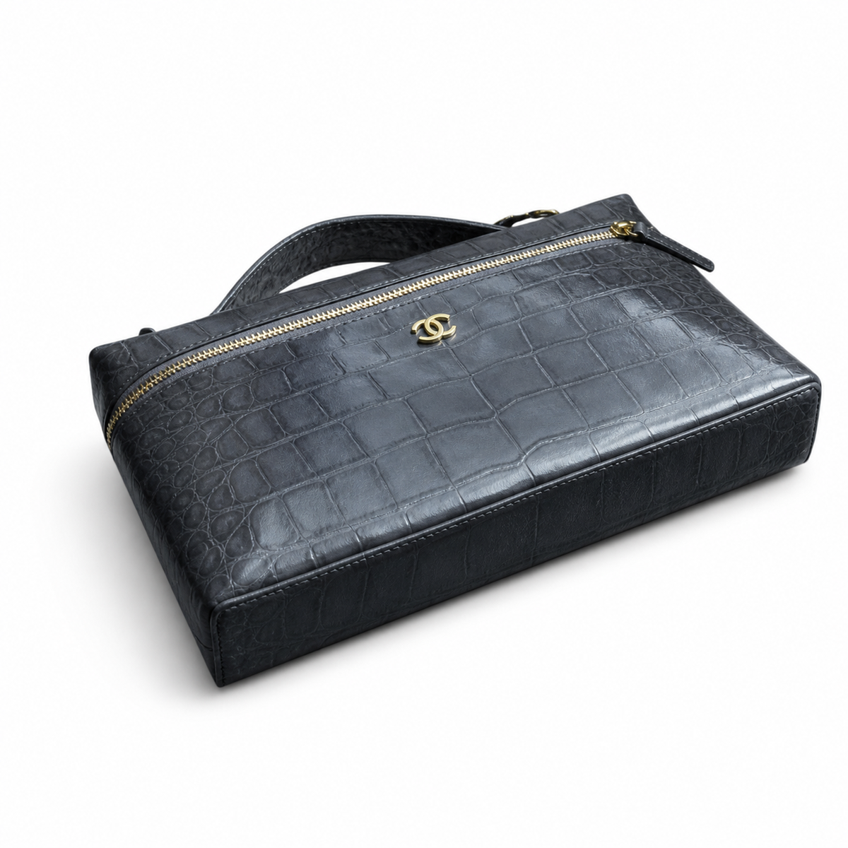 Chanel Flap Bag | Grey Crocodile-Embossed Leather Gold Chain Strap | Made in Italy