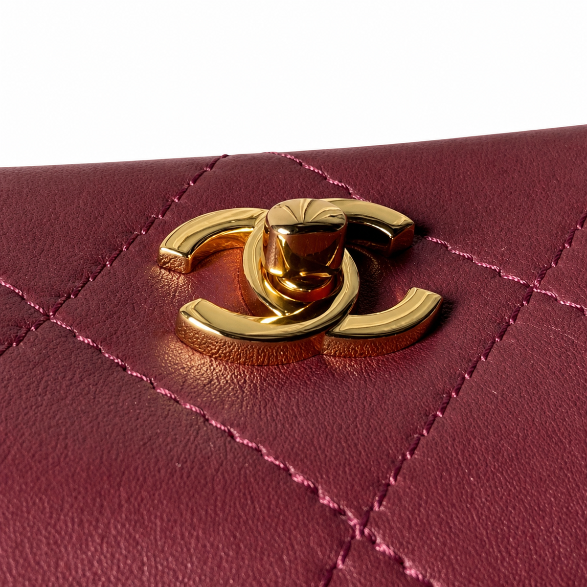 Chanel Mini Box Bag | Burgundy Quilted Lambskin Gold Chain Top Handle | 23cm