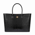 Chanel Black High-Gloss Croc-Embossed Large Shopping Tote | Gold CC Turn-Lock & Chain Zip Pocket