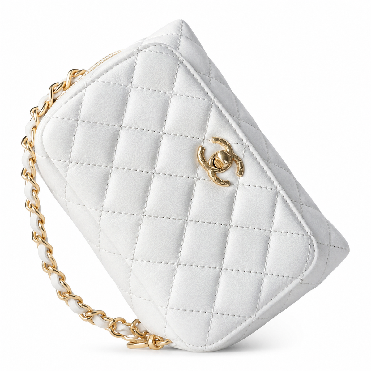 CHANEL White Quilted Lambskin Jewel Ring Top Handle Flap Chain Bag