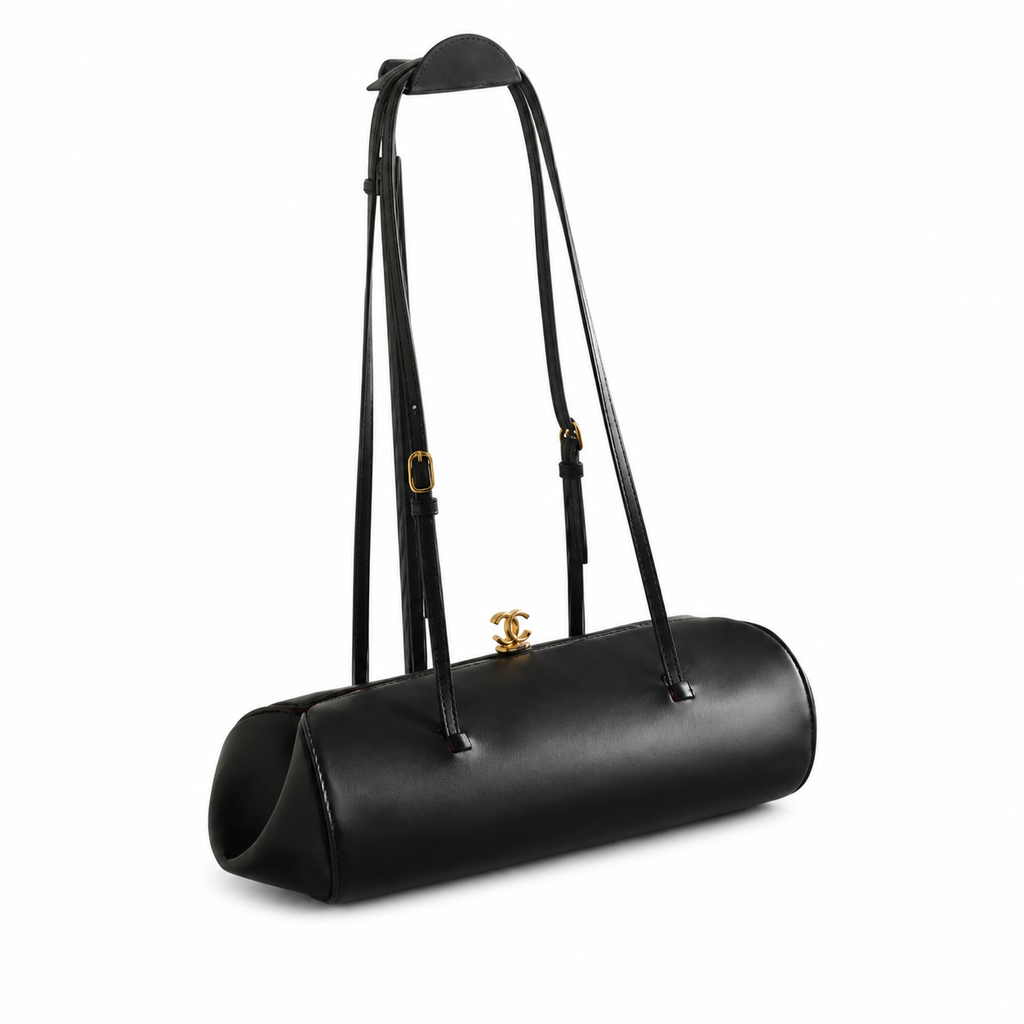 Chanel Vintage Black Smooth Calfskin Torpedo Barrel Shoulder Bag 3D Sculptural CC Clasp Dual Slim Strap 36cm
