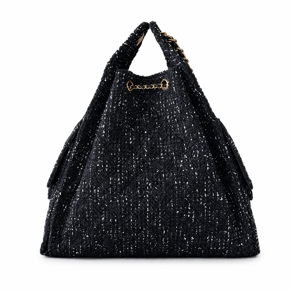 Chanel Black Sequin Tweed Large Drawstring Tote Bag with Pouch