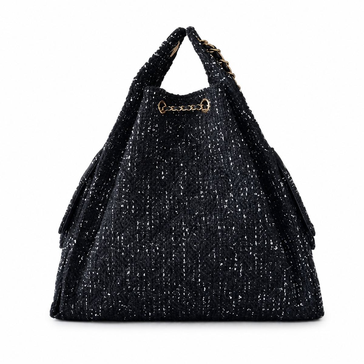 Chanel Black Sequin Tweed Large Drawstring Tote Bag with Pouch