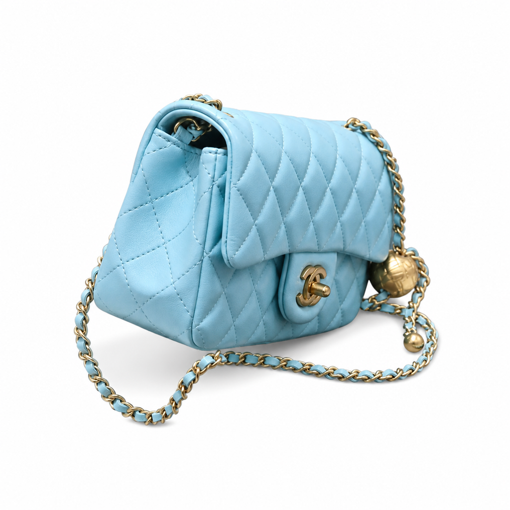 Chanel Pearl Crush Mini Rectangle Flap Bag Sky Blue Lambskin Gold Pearl Chain 20cm
