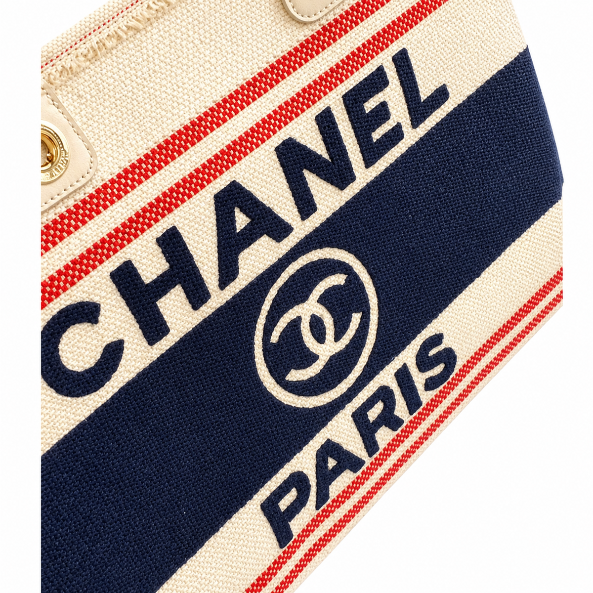 CHANEL Deauville Canvas Shopping Tote – Navy Blue Red Stripe Ivory CHANEL PARIS Gold Hardware 38cm