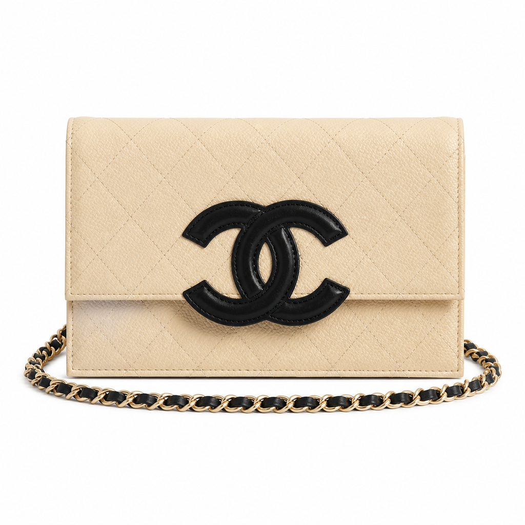 Chanel Bi-Color CC Appliqué Wallet on Chain WOC Beige Quilted Caviar Leather Black CC Gold Chain 19cm