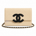 Chanel Bi-Color CC Appliqué Wallet on Chain WOC Beige Quilted Caviar Leather Black CC Gold Chain 19cm