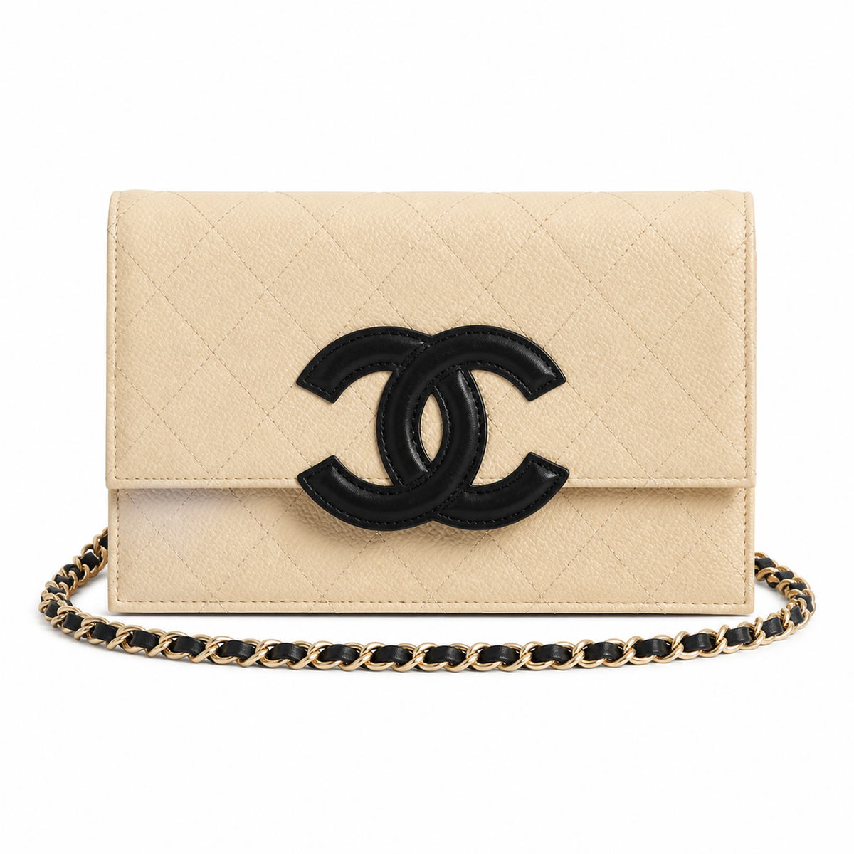 Chanel Bi-Color CC Appliqué Wallet on Chain WOC Beige Quilted Caviar Leather Black CC Gold Chain 19cm