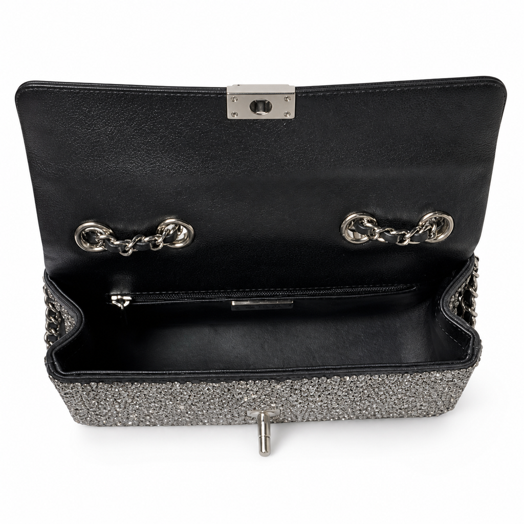Chanel Gunmetal Crystal Embellished Classic Flap Bag Silver CC Chain