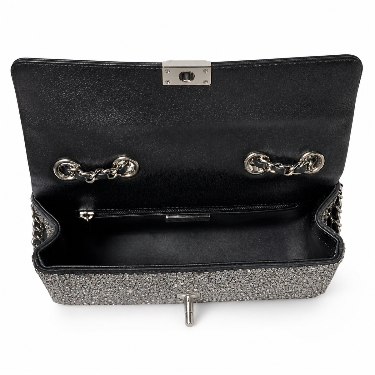 Chanel Gunmetal Crystal Embellished Classic Flap Bag Silver CC Chain