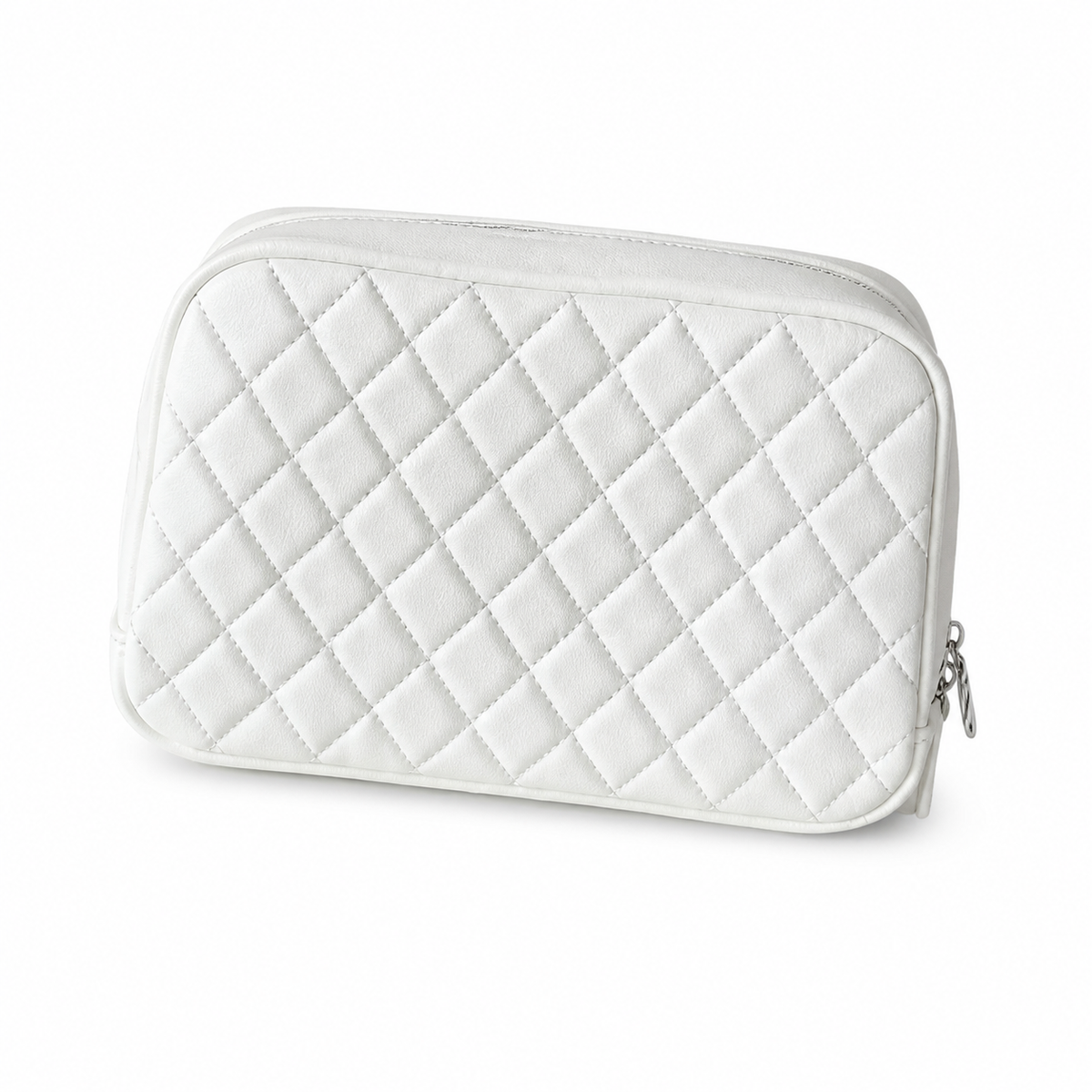 Chanel White Caviar Quilted Zip-Around Travel Vanity Case Jewelry Box Silver CC Logo Silver Hardware 21cm