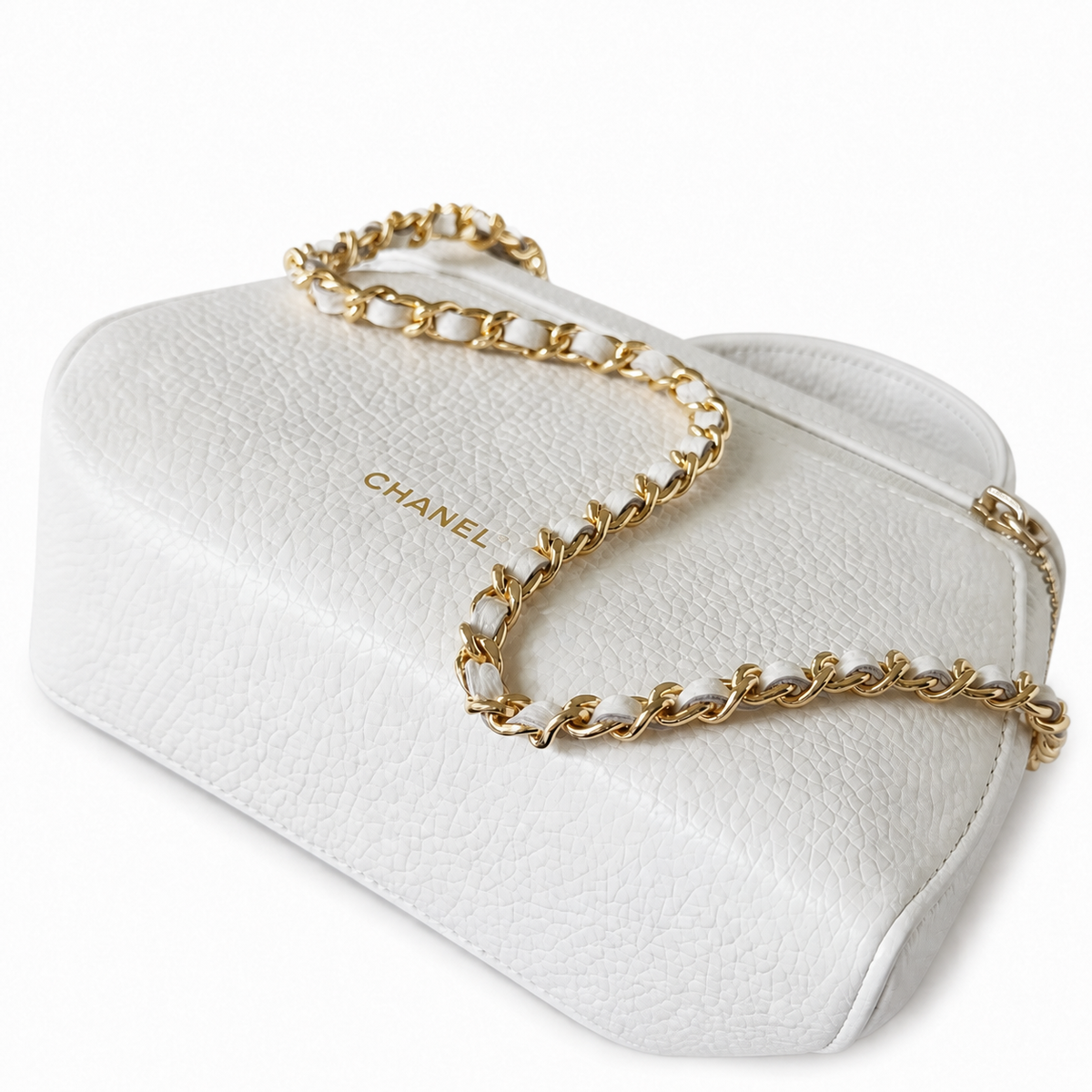 Chanel White Caviar Leather Vanity Case Crossbody Bag | Gold CC | Top Handle | 15×23×5cm