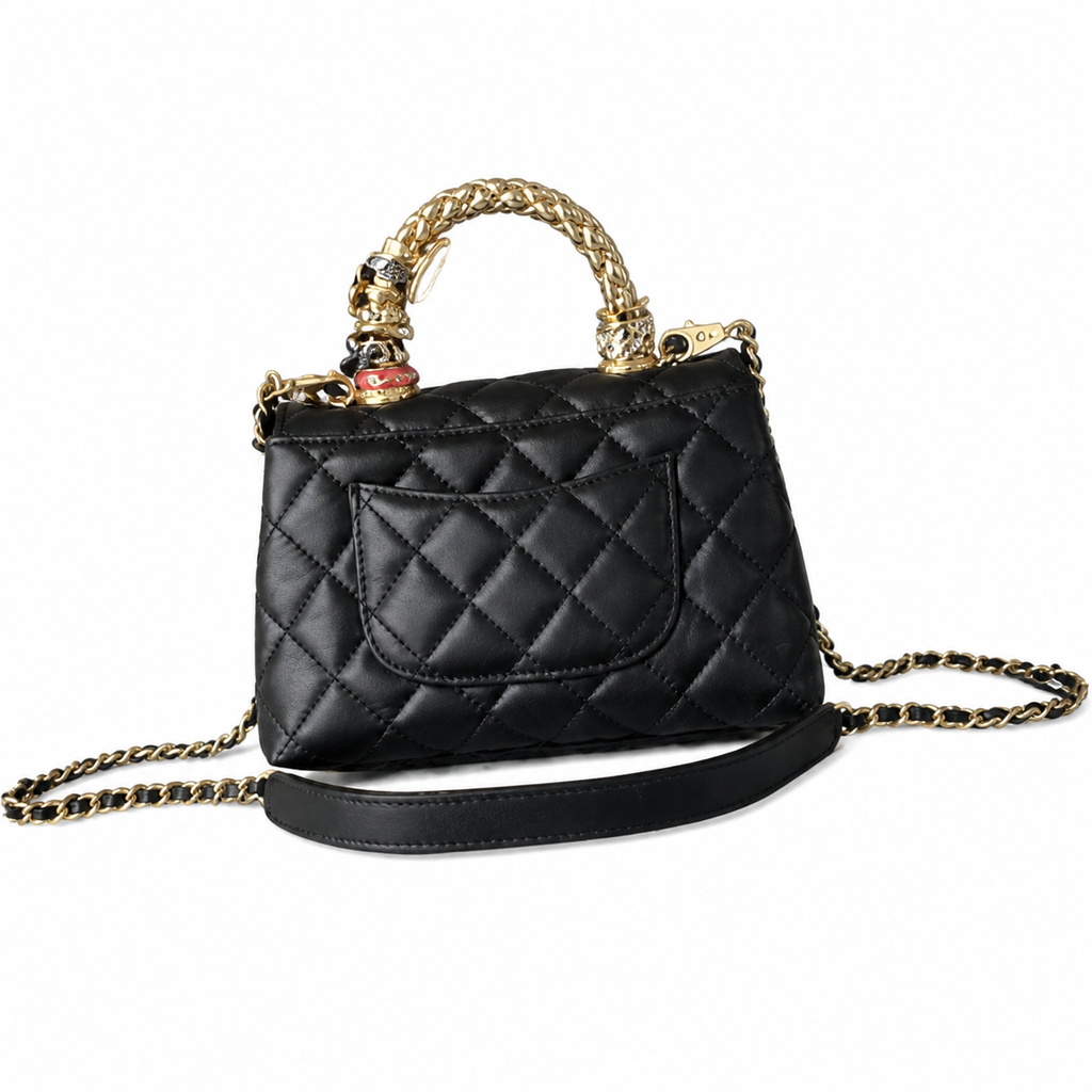 CHANEL Black Quilted Lambskin Jewel Ring Top Handle Flap Chain Bag