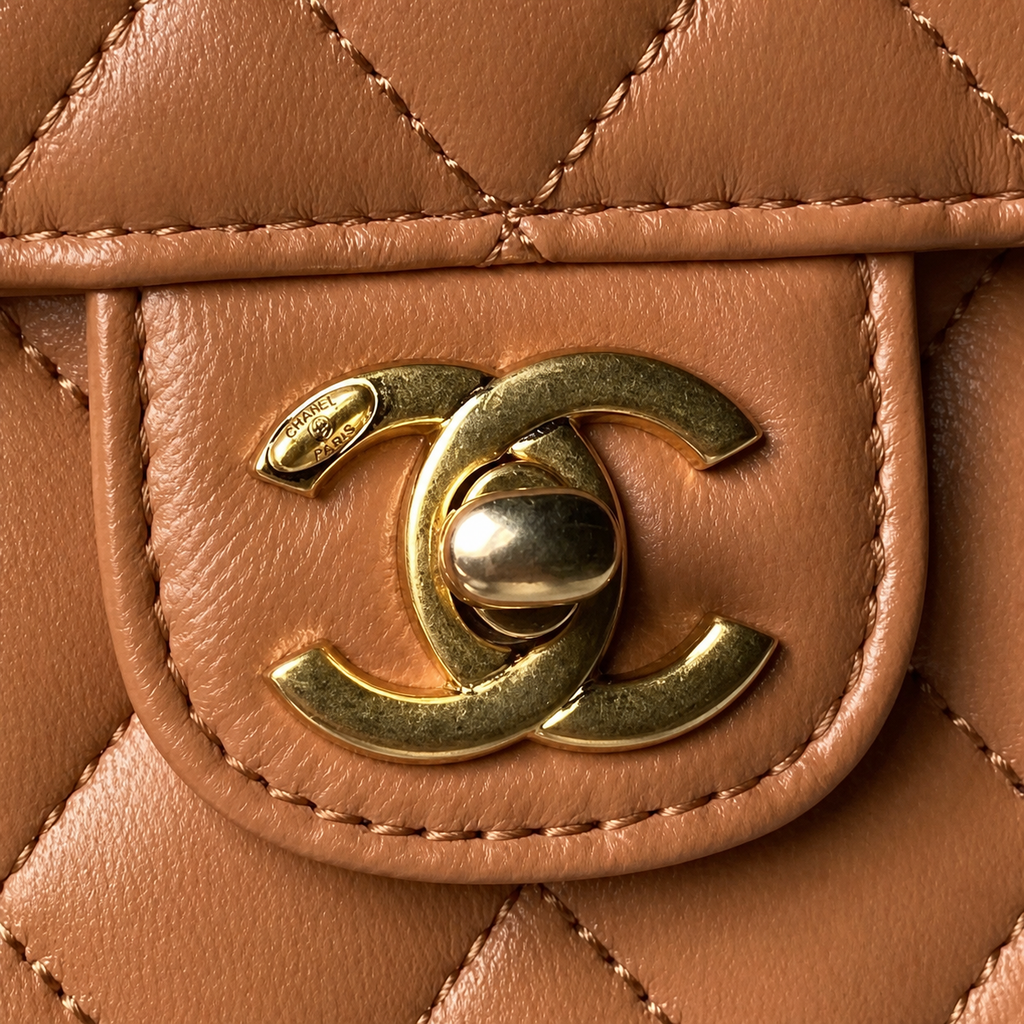 Chanel Classic Flap Bag – Beige Quilted Lambskin, Gold Hardware (18×23×6cm)