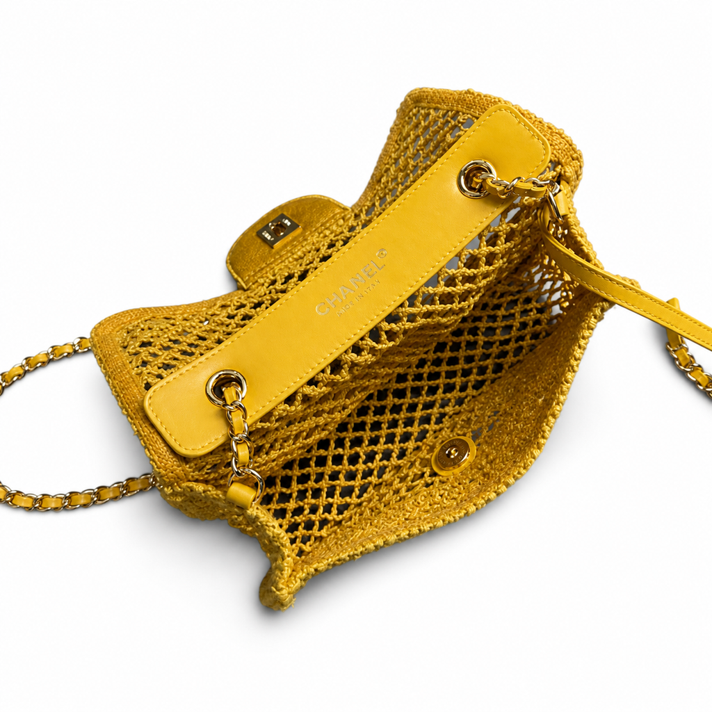 CHANEL Sunshine Yellow Crochet Open Mesh Flap Bag Gold Chain