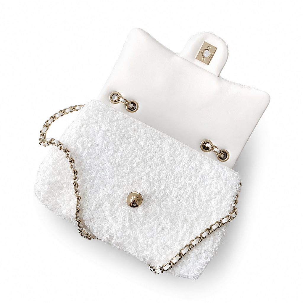 Chanel White Bouclé & Pearl Sequin Flap Bag | Conditionally Visible Embellishment, Silver CC & Bare Chain